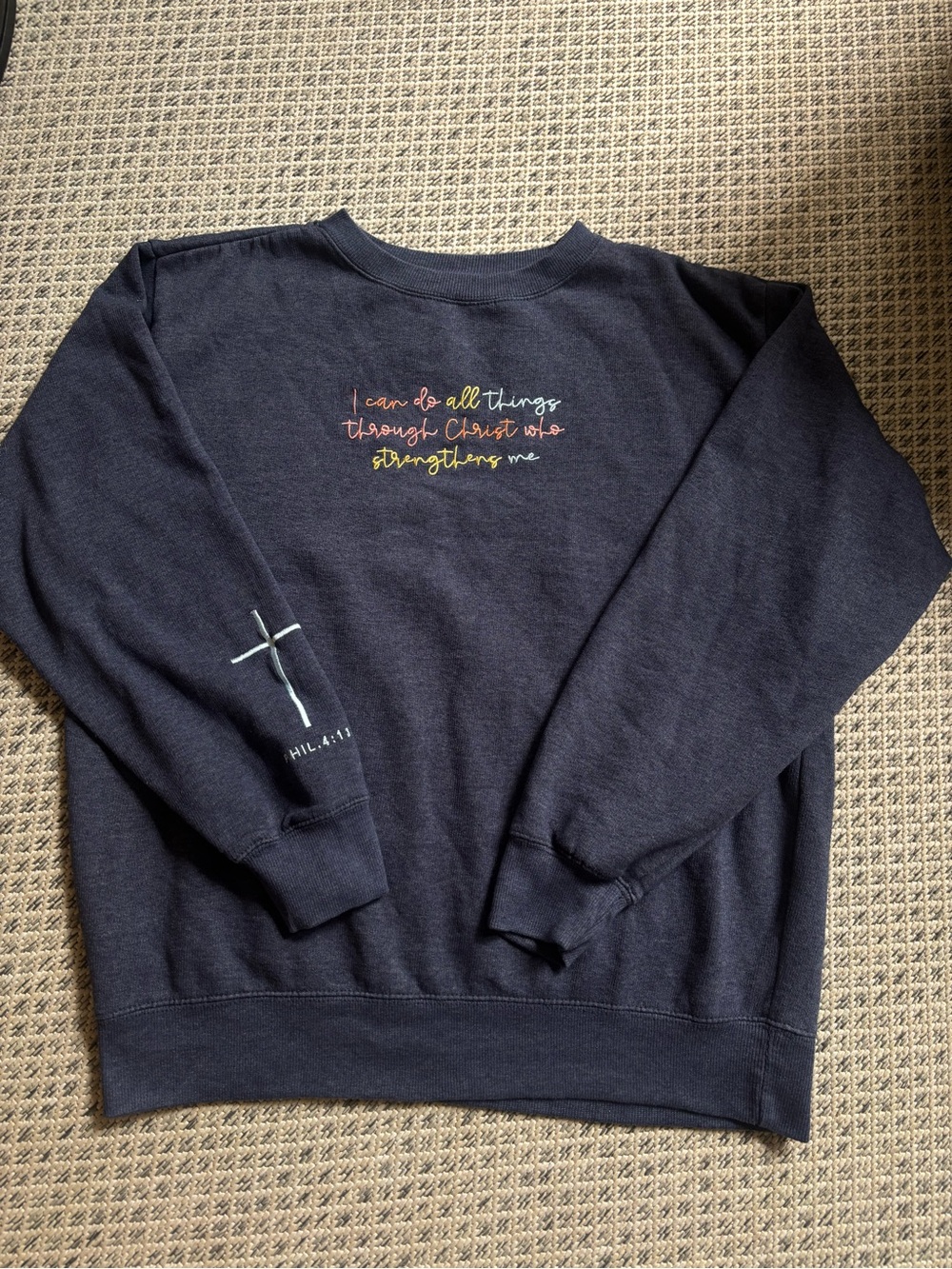 Women's Embroidered Crewneck Christian Phillipians 4:13 Navy Blue Size L